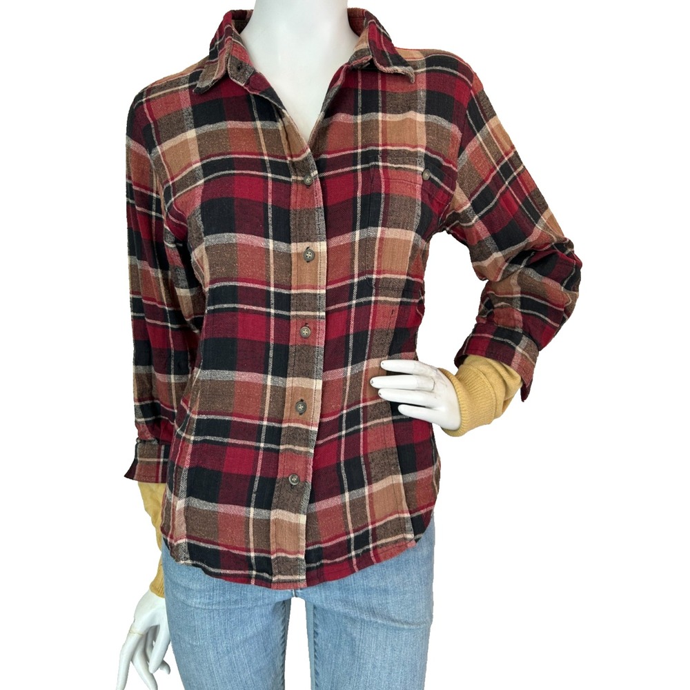 Claudette Flannel Layered Cashmere Sweater Womens Medium Red Tartan Plaid Top